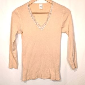 Vintage angora/lambs wool blend long sleeved undershirt with lace edged v-neck
